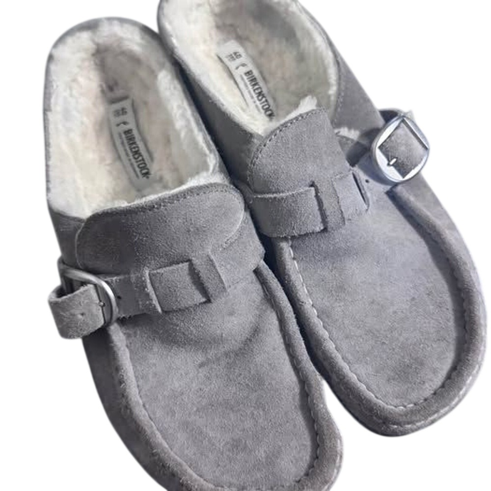 Birkenstock Womens 40 Gray Buckley Shearling Suede Clog Mules Buckle Strap